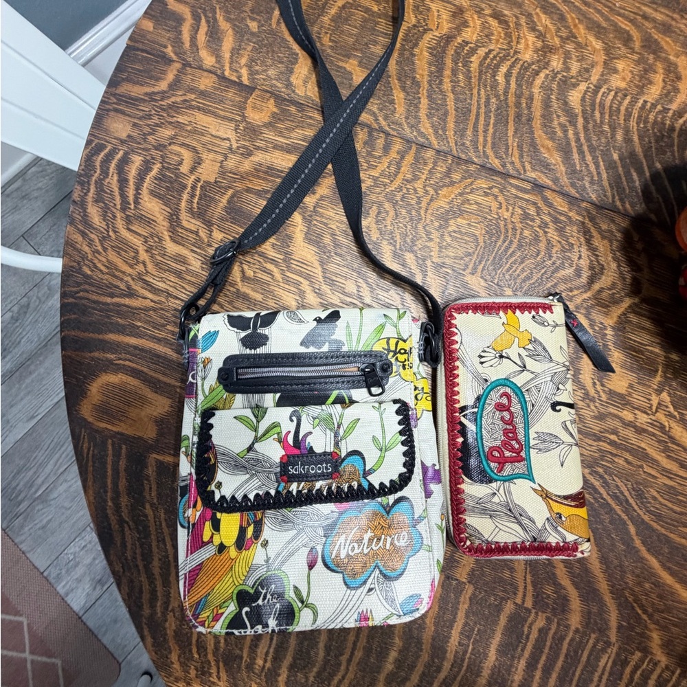 Sakroots Floral Crossbody Bag in White with Multicolor Print and matching wallet